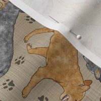 Trotting Australian Cattle Dogs and paw prints - faux linen