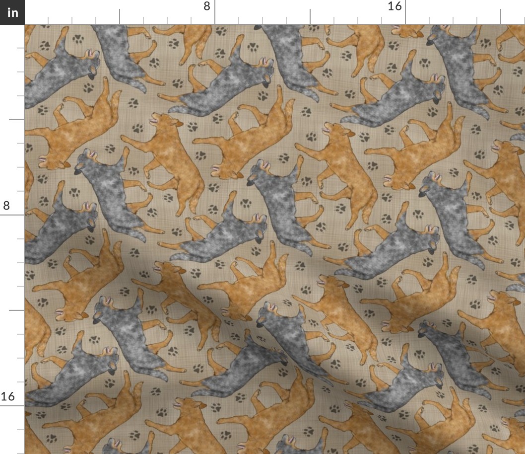 Trotting Australian Cattle Dogs and paw prints - faux linen