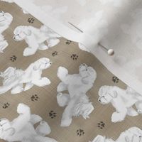 Tiny Trotting Bichon Frise and paw prints - faux linen