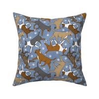 Trotting Bull Terriers colored and paw prints - faux denim