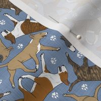 Tiny Trotting Bull Terriers colored and paw prints - faux denim