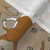 Trotting Bull Terriers colored and paw prints - faux linen