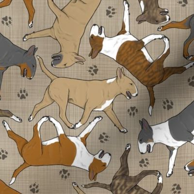 Trotting Bull Terriers colored and paw prints - faux linen