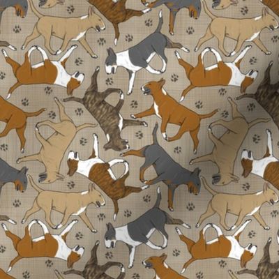 Tiny Trotting Bull Terriers colored and paw prints - faux linen