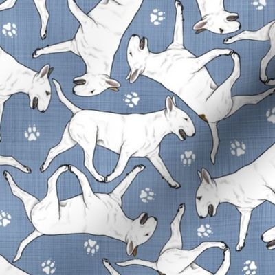 Trotting Bull Terriers white and paw prints - faux denim