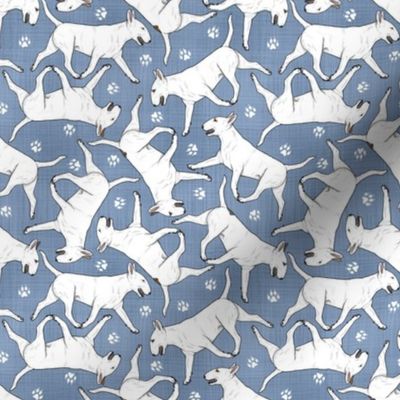 Tiny Trotting Bull Terriers white and paw prints - faux denim