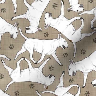 Trotting Bull Terriers white and paw prints - faux linen