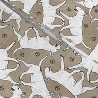 Trotting Bull Terriers white and paw prints - faux linen