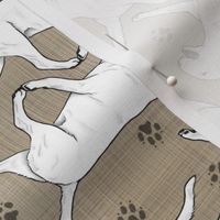 Trotting Bull Terriers white and paw prints - faux linen