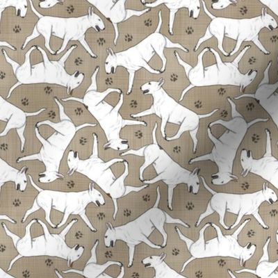 Tiny Trotting Bull Terriers white and paw prints - faux linen