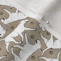 Tiny Trotting Bull Terriers white and paw prints - faux linen