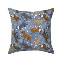 Trotting Miniature Bull Terriers colored and paw prints - faux denim