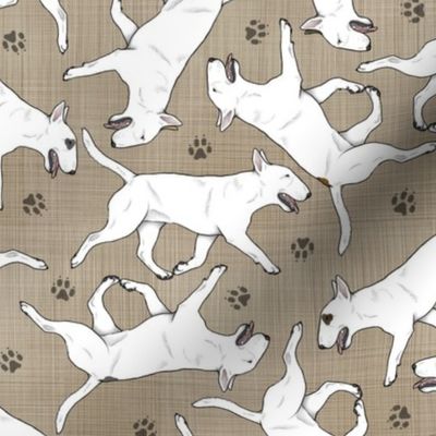 Trotting Miniature Bull Terriers white and paw prints - faux linen