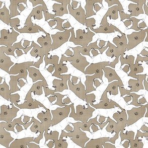 Trotting Miniature Bull Terriers white and paw prints - faux linen