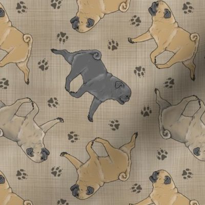 Trotting Pugs and paw prints - faux linen
