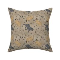 Trotting Pugs and paw prints - faux linen