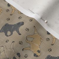 Tiny Trotting Pugs and paw prints - faux linen