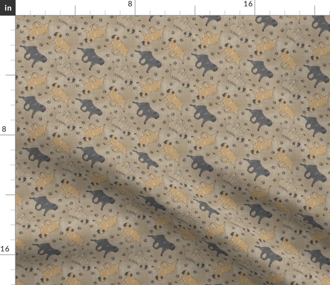 Tiny Trotting Pugs and paw prints - faux linen