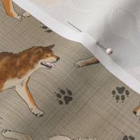 Trotting Shiba Inu and paw prints - faux linen