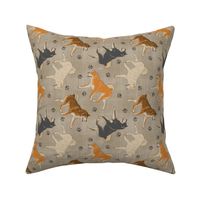 Trotting Shiba Inu and paw prints - faux linen