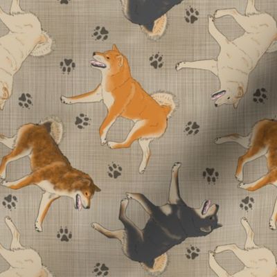 Trotting Shiba Inu and paw prints - faux linen