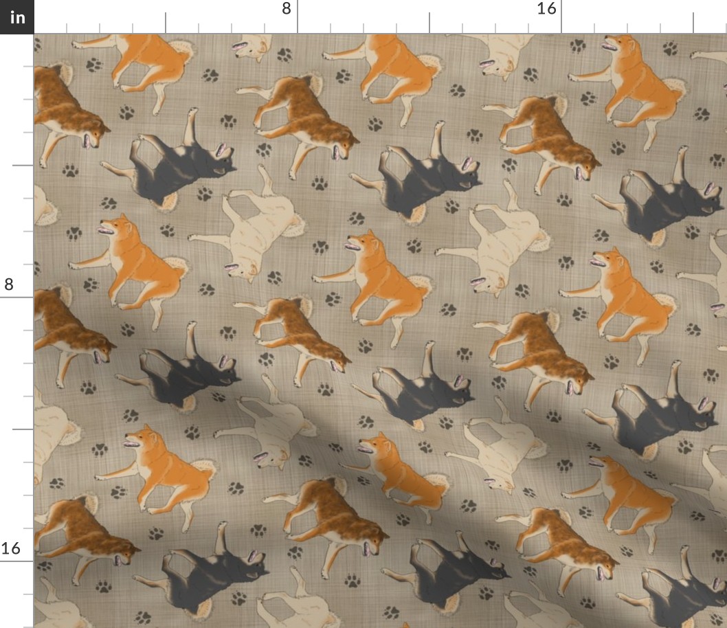 Trotting Shiba Inu and paw prints - faux linen