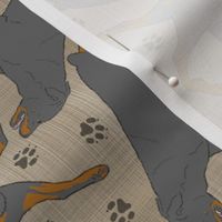 Trotting Rottweiler and paw prints - faux linen