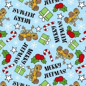 Medium Scale Merry Jeepmas! Christmas 4x4 Off Road Vehicles Yellow on Blue