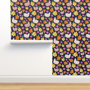 Large Scale The Prettiest Farm Chickens and Flowers on Dark Navy Background