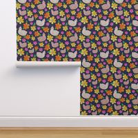 Large Scale The Prettiest Farm Chickens and Flowers on Dark Navy Background