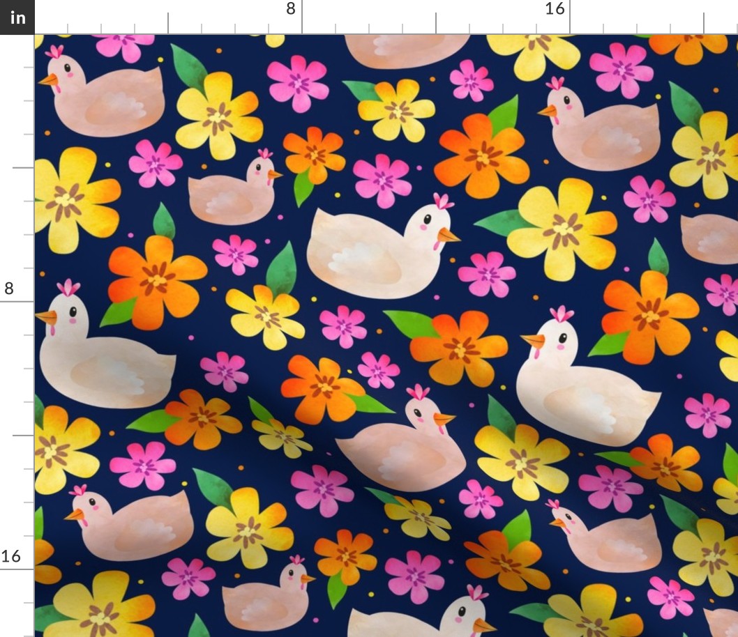 Large Scale The Prettiest Farm Chickens and Flowers on Dark Navy Background