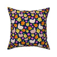 Medium Scale The Prettiest Farm Chickens and Flowers on Dark Navy Background