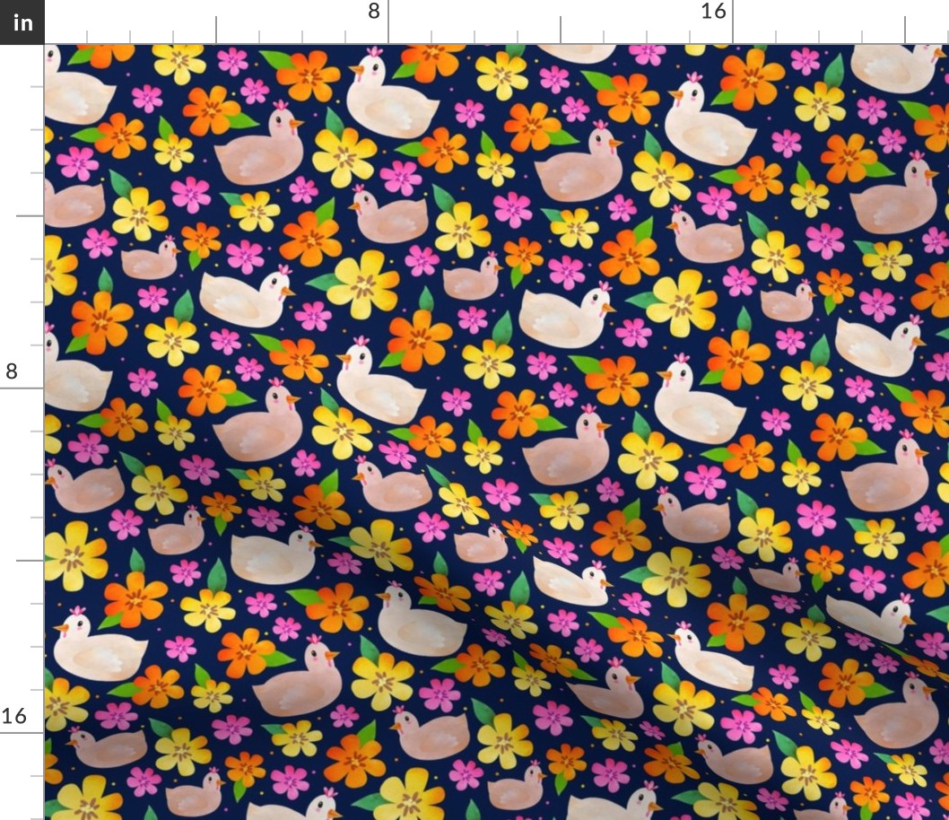 Medium Scale The Prettiest Farm Chickens and Flowers on Dark Navy Background