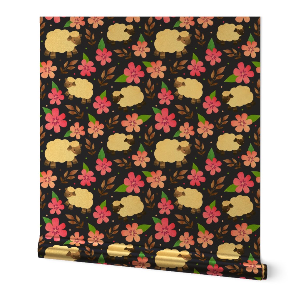 Large Scale The Prettiest Farm Sheep and Flowers on Dark Navy Background