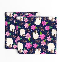 Large Scale The Prettiest Farm Sheep and Flowers on Dark Navy Background