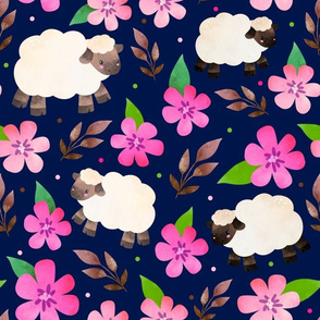 Large Scale The Prettiest Farm Sheep and Flowers on Dark Navy Background
