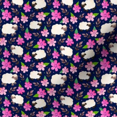 Small Scale The Prettiest Farm Sheep and Flowers on Dark Navy Background