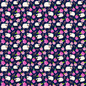Small Scale The Prettiest Farm Sheep and Flowers on Dark Navy Background