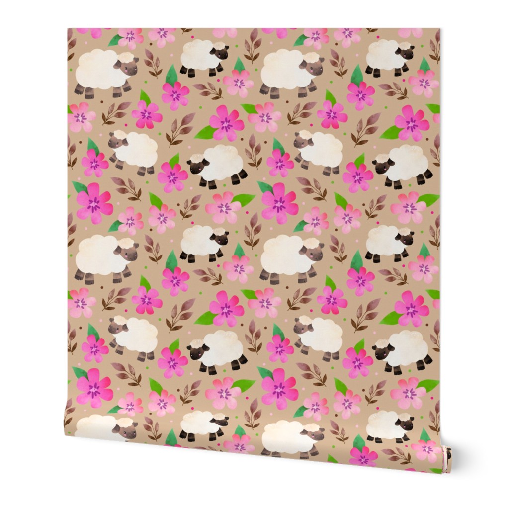 Large Scale - The Prettiest Farm Sheep and Flowers on Tan Background