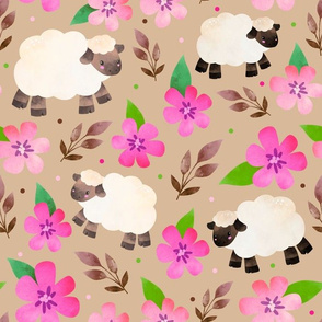 Large Scale - The Prettiest Farm Sheep and Flowers on Tan Background