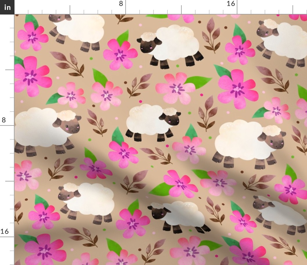 Large Scale - The Prettiest Farm Sheep and Flowers on Tan Background