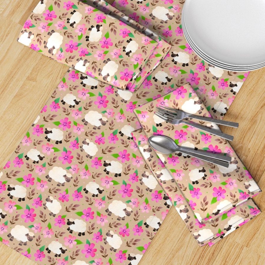 Medium Scale - The Prettiest Farm Sheep and Flowers on Tan Background