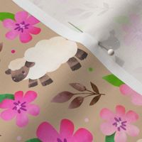 Medium Scale - The Prettiest Farm Sheep and Flowers on Tan Background