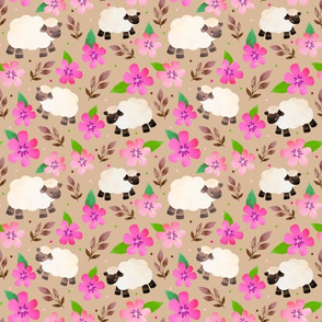 Medium Scale - The Prettiest Farm Sheep and Flowers on Tan Background