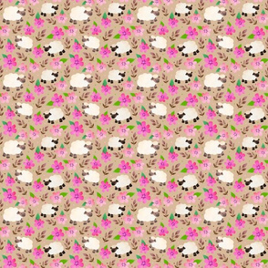 Small Scale - The Prettiest Farm Sheep and Flowers on Tan Background