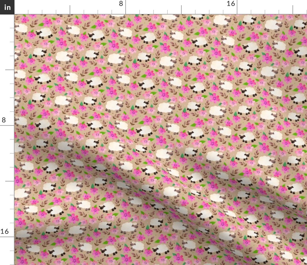 Small Scale - The Prettiest Farm Sheep and Flowers on Tan Background