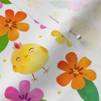 Medium Scale Yellow Baby Farm Chick Peeps and Flowers  on White Background