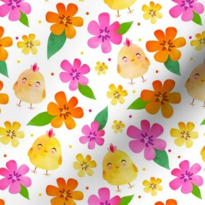 Medium Scale Yellow Baby Farm Chick Peeps and Flowers  on White Background