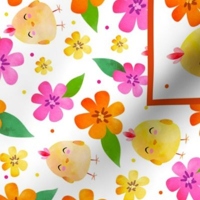 Large 27x18 Fat Quarter Panel Hello, Peeps! Yellow Baby Farm Chicks and Flowers for Wall Hanging Art or Tea Towel on White Background