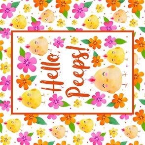 Large 27x18 Fat Quarter Panel Hello, Peeps! Yellow Baby Farm Chicks and Flowers for Wall Hanging Art or Tea Towel on White Background